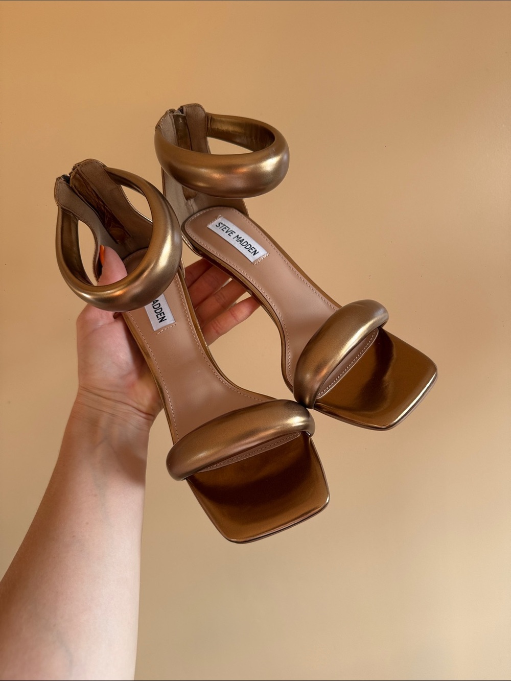Steve Madden Metallic Bronze Padded Strap Block Heel Sandals